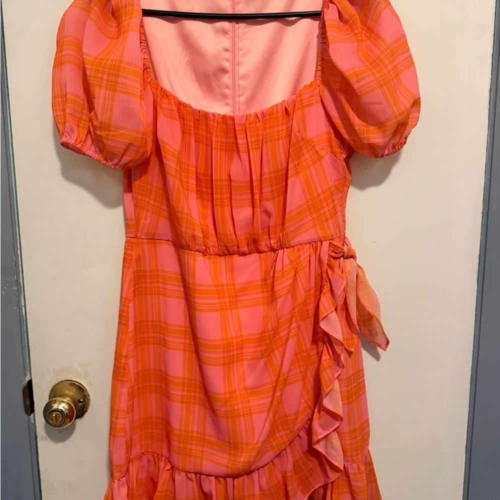 LIKELY Havana Plaid Mini Dress in pink and orange.